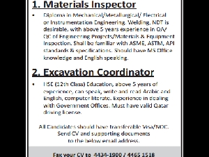 1. Materials Inspector 2. Excavation Coordinator