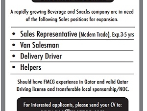 URGENTLY REQUIRED • Sales Representative(Modern Trade), Exp.3-5 yrs • Van Salesman • Delivery Driver • Helpers 