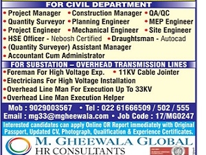 REQUIRED PROJECT MANAGER  QUANTITY SURVEYOR PLANNING ENGINEER PROJECT ENGINEER MECHANICAL ENGINEER HSE OFFICER ACCOUNTANT CUM ADMINISTRATOR